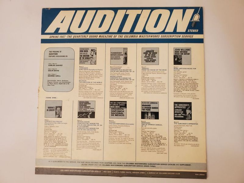 Various (Includes Carlos Chavez, Colin Davis, George Szell, Vladimir Horowitz, John Williams, Leonard Bernstein, Alicia de Larrocha, and others) AUDITION - Spring 1967: The Quarterly Sound Magazine of the Columbia Masterworks Subscription Service vinyl record